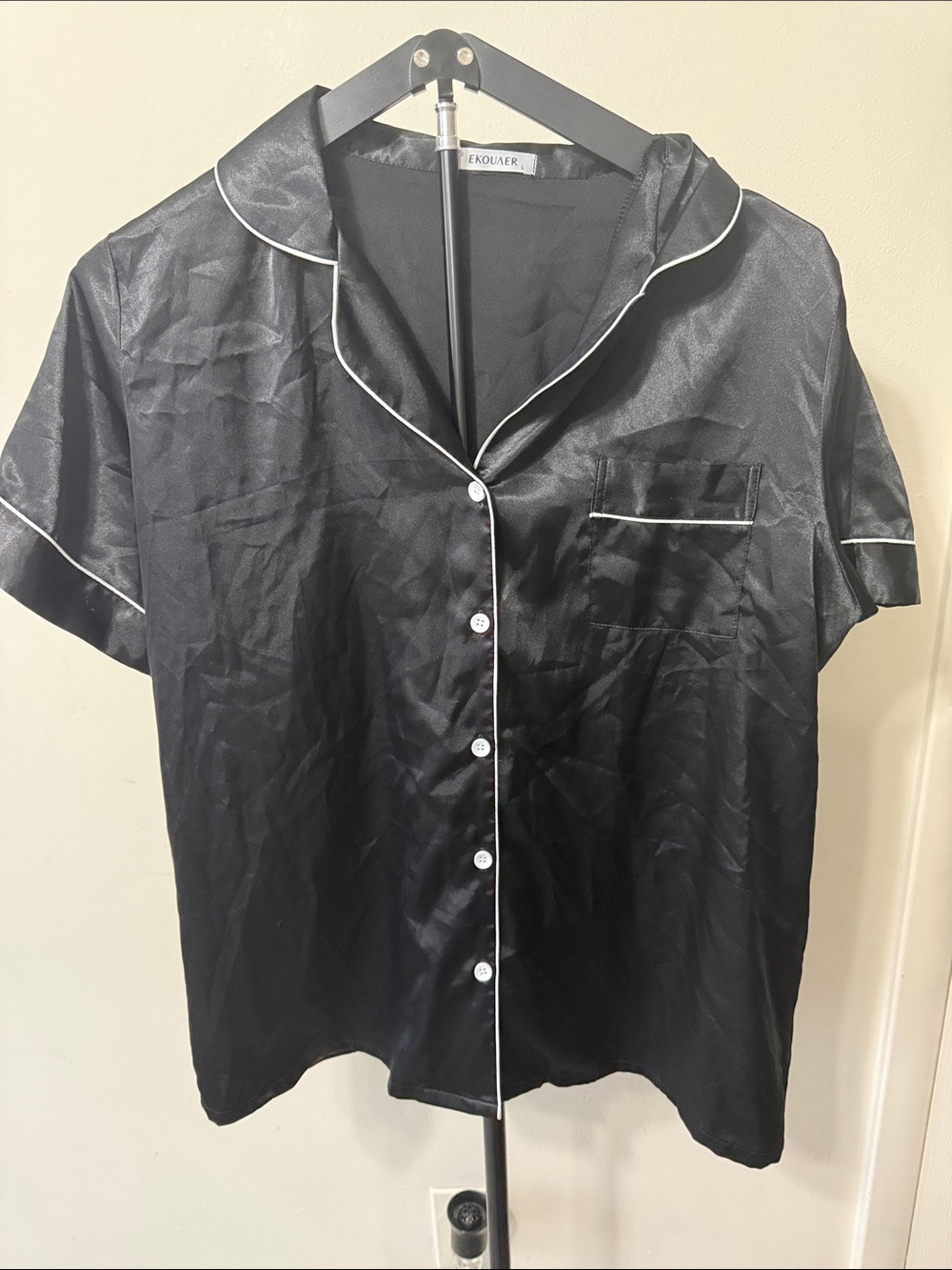 Black Satin Short Sleeve Pajama Top and bottom with White Piping